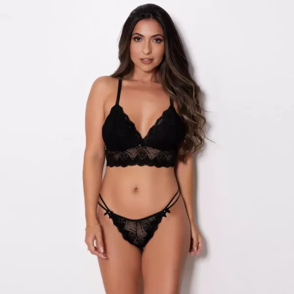 Conjunto em Renda detalhes Preto Sensual Beijo - Imagem 3