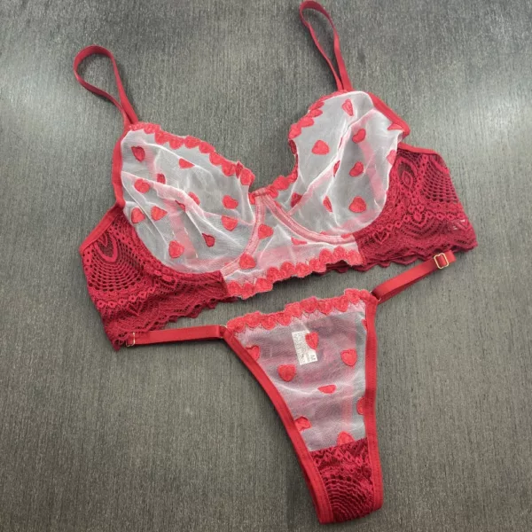 Conjunto Sem Bojo com Arco Lingerie Romântica em Renda e Guipir Bordado com Corações - Imagem 5