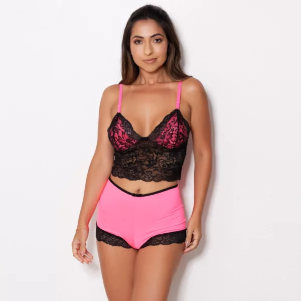 Short Doll Neon com Cropped e Renda