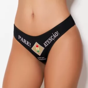Calcinha Tanga com estampa em silk SINALZINHO na parte frontal