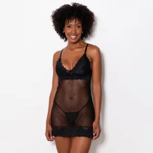 Camisola Sensual em Tule e Renda Decote Profundo Poá