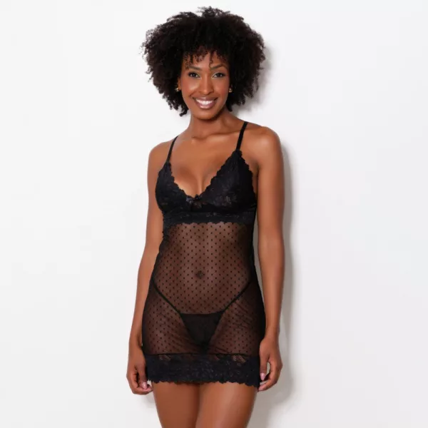 Camisola Sensual em Tule e Renda Decote Profundo Poá